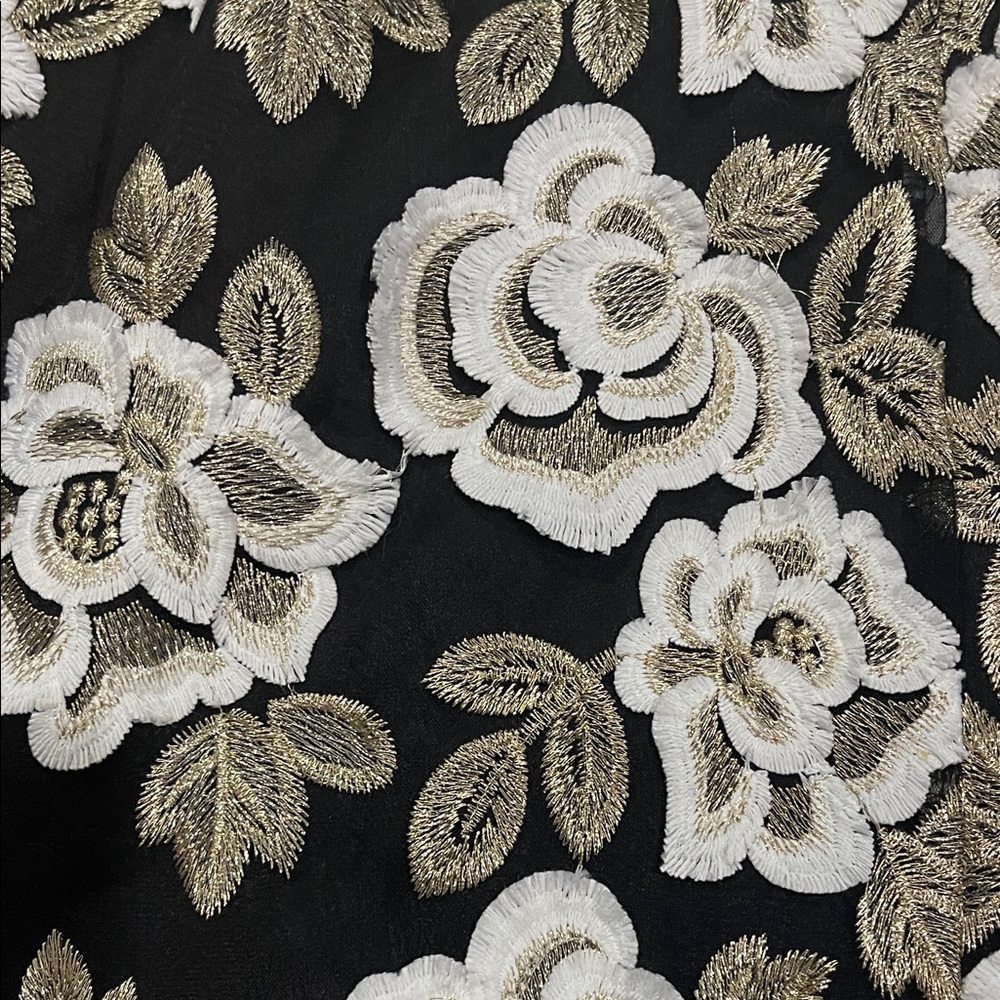 Adrianna Papell Black and White Floral Midi Dress with Gold Details - Picture 6 of 10